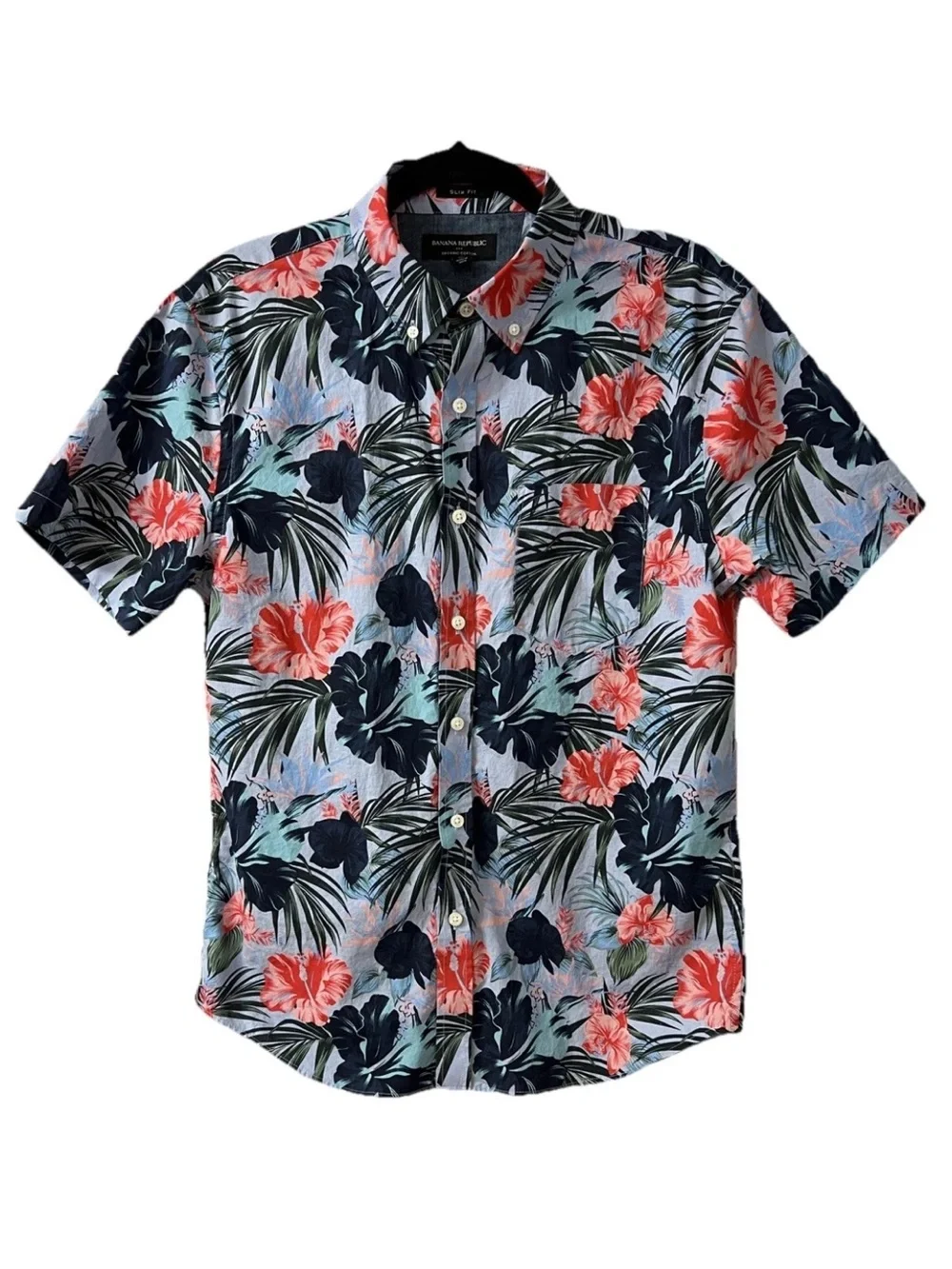 Banana Republic Organic Cotton Blue Floral Slim Fit Button Down Shirt Sz M